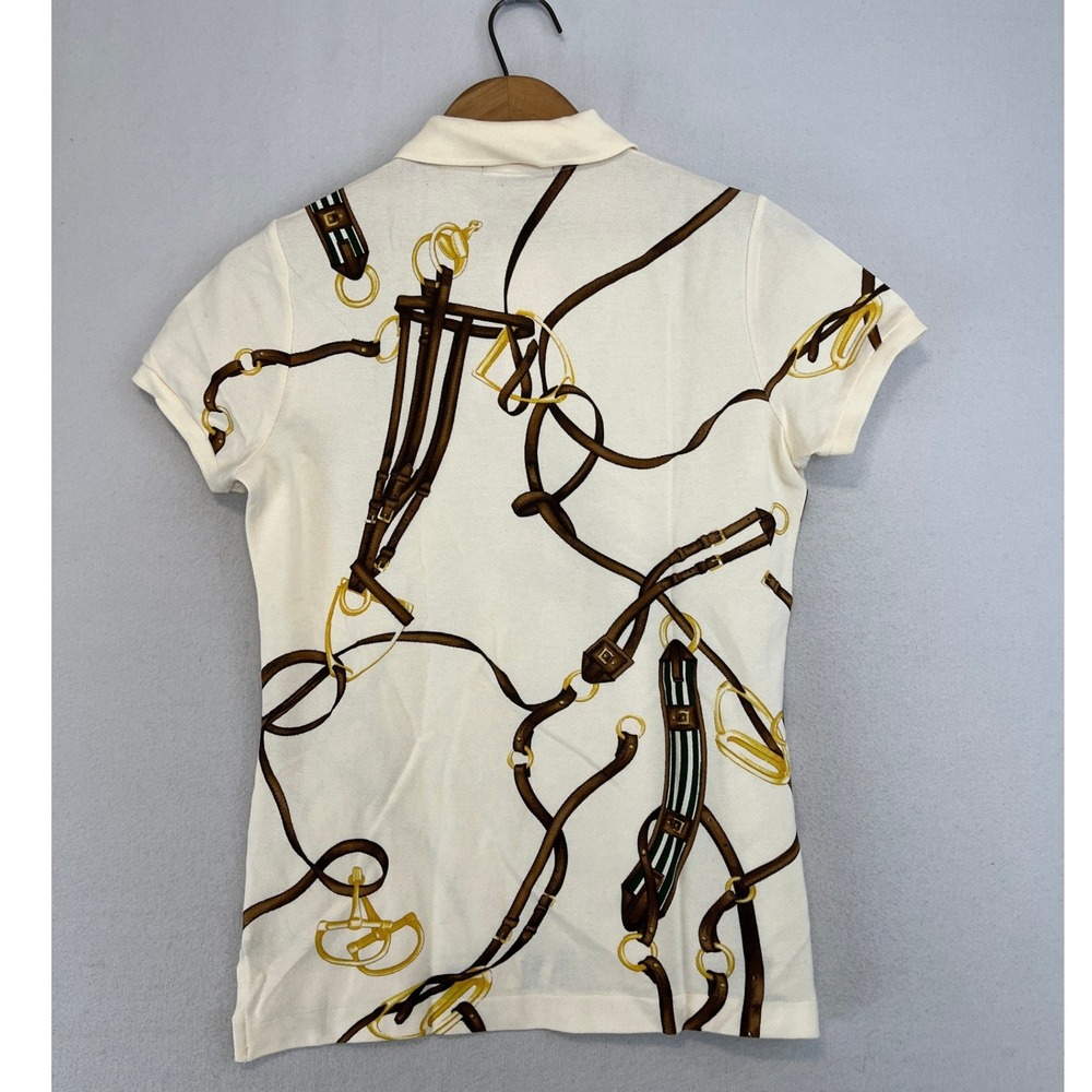 Ralph Lauren Womens Equestrian Horse Bit Print Polo Shirt Cream Brown Size M - Picture 3 of 8